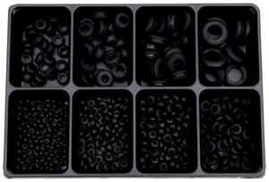 Set von Kabeltüllen in verschiedenen Größen und Materialien für Kabelorganisation.