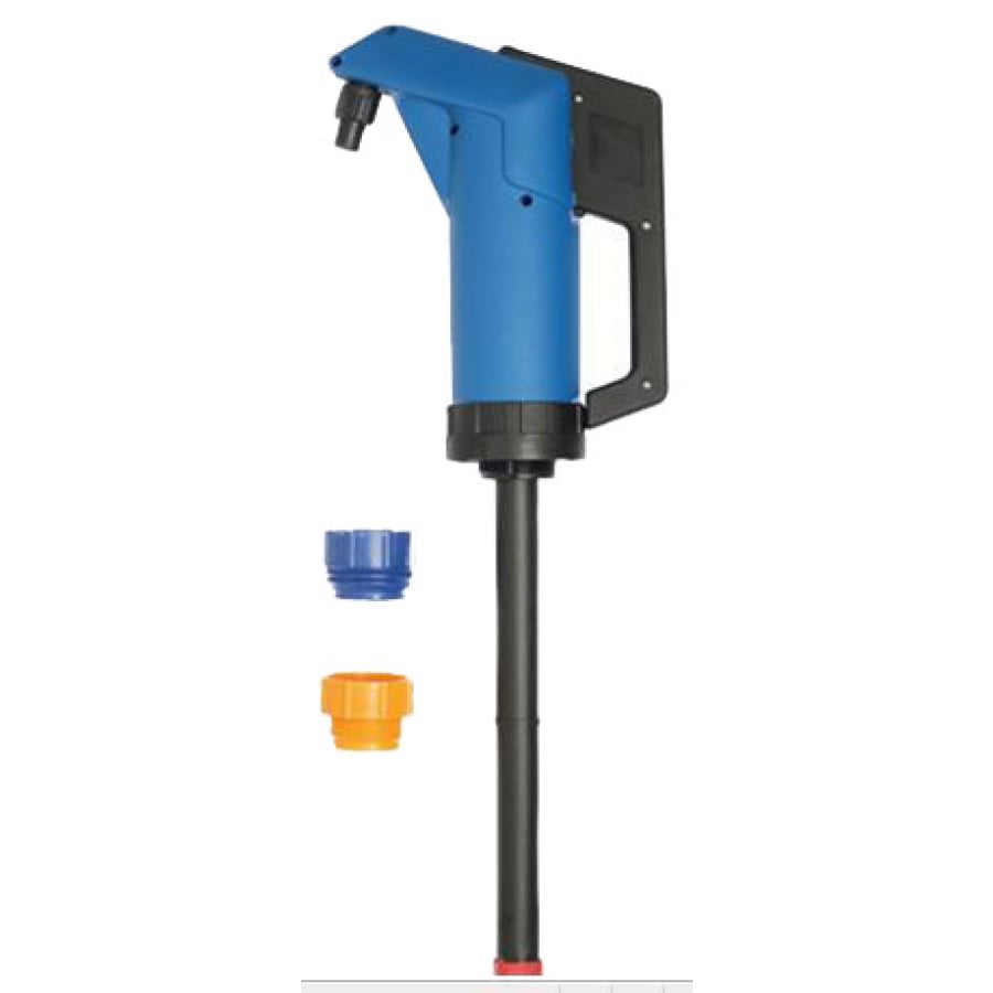 Blaue und schwarze Fasspumpe mit zwei zusätzlichen Kappen.