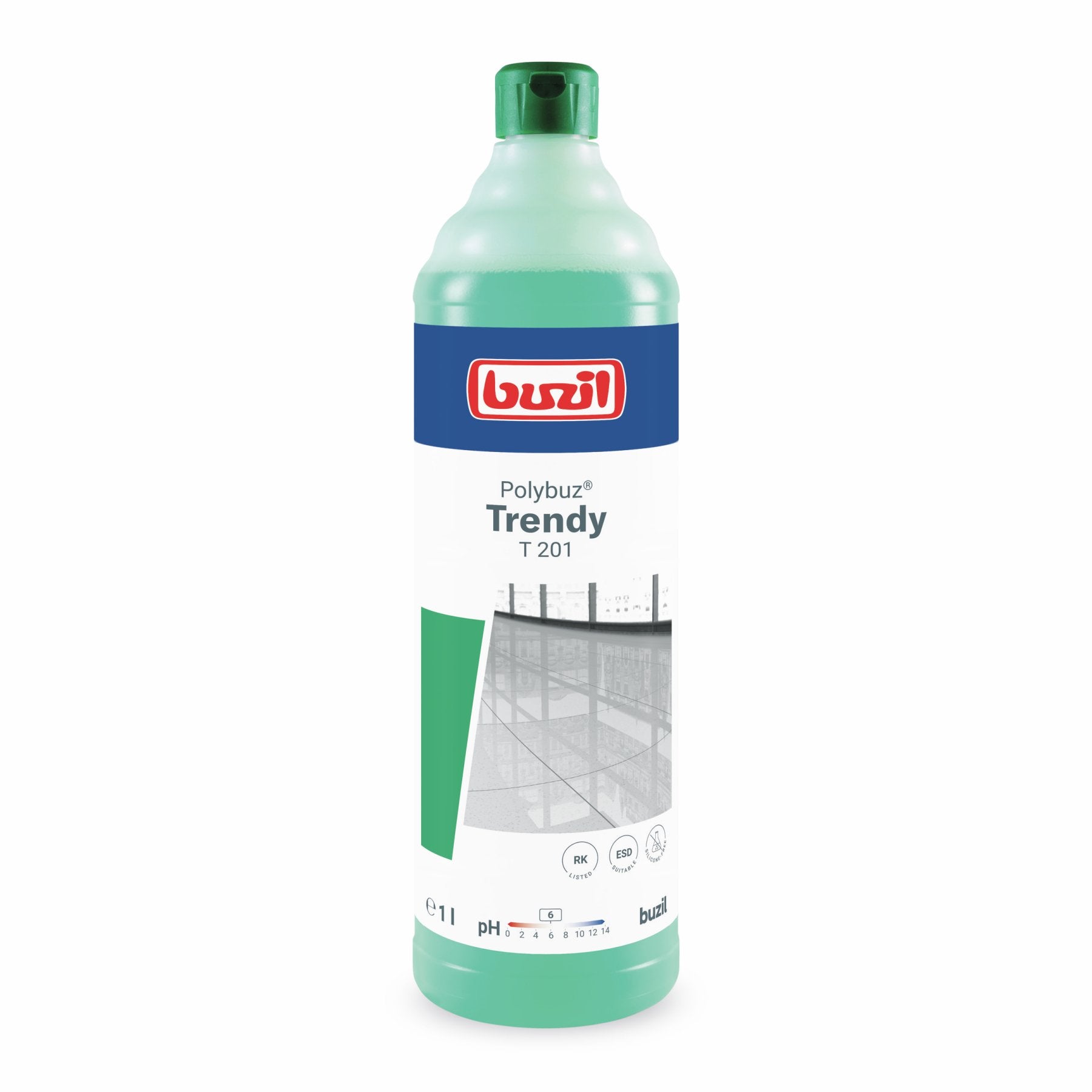 Buzil Polybuz Trendy T 201 Reinigungsmittel in einer grünen Flasche.