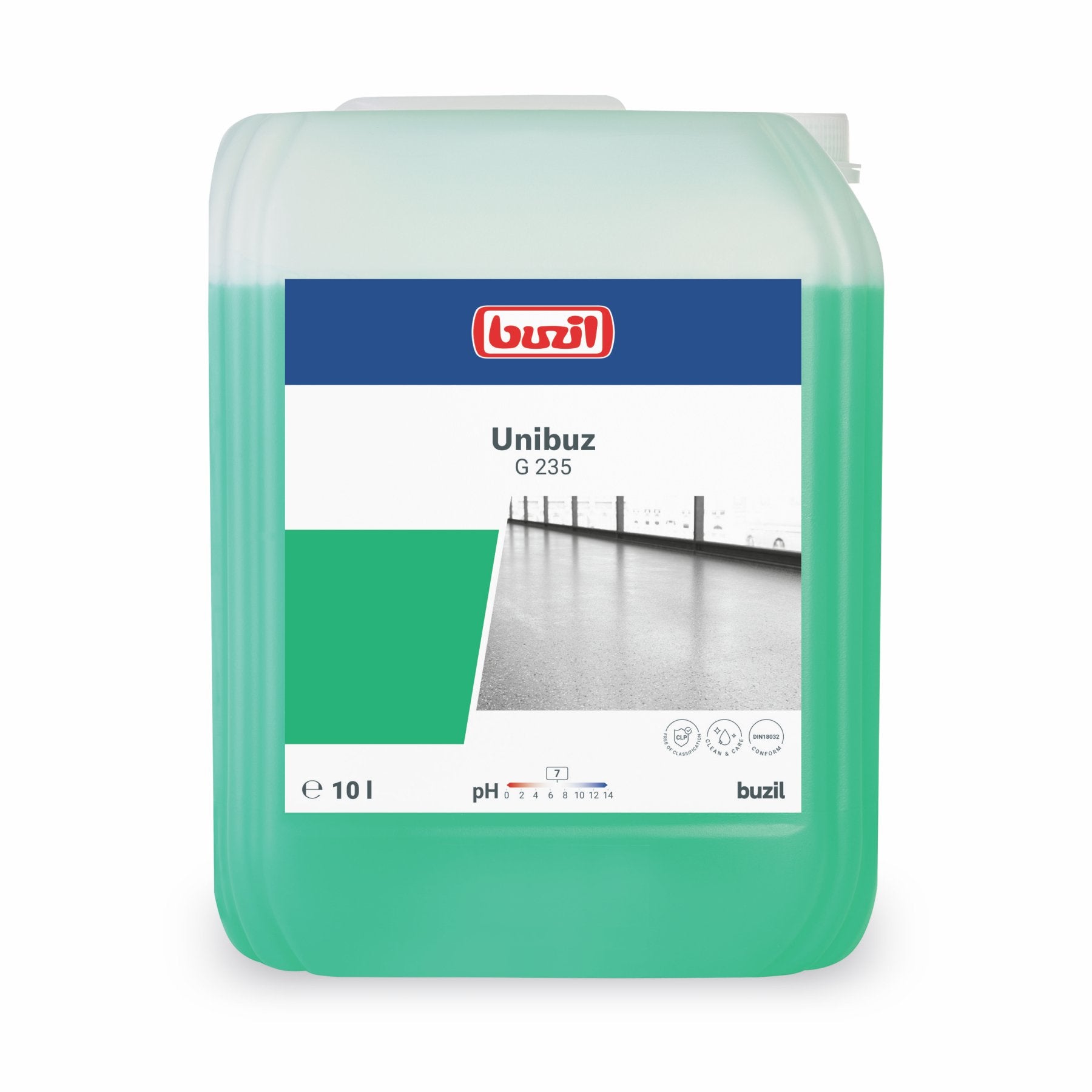 Unibuz G 235 Reiniger in einem 10L Kanister mit grüner Flüssigkeit.