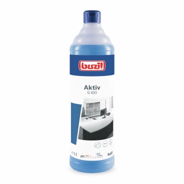 Aktiv 1L Flasche aus BPA-freiem Material mit Skala und modernem Design in verschiedenen Farben.