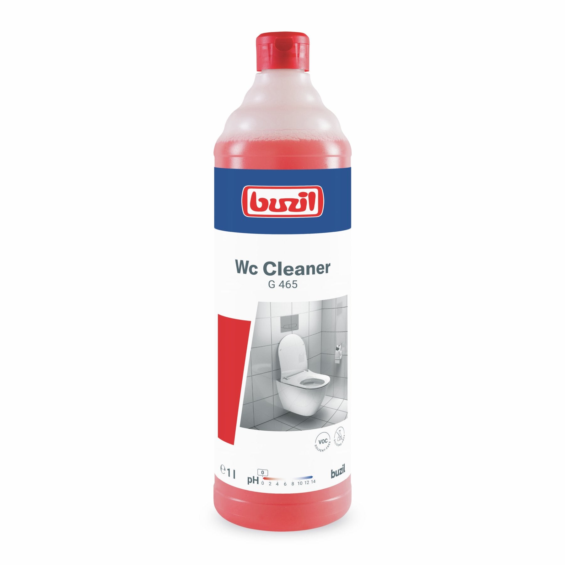 Buzil WC Cleaner G 465 in einer 1L Flasche mit rotem Inhalt.