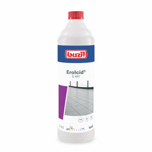 Buzil Erolcid G 491 Reinigungsmittel in 1L Flasche mit rotem Verschluss.