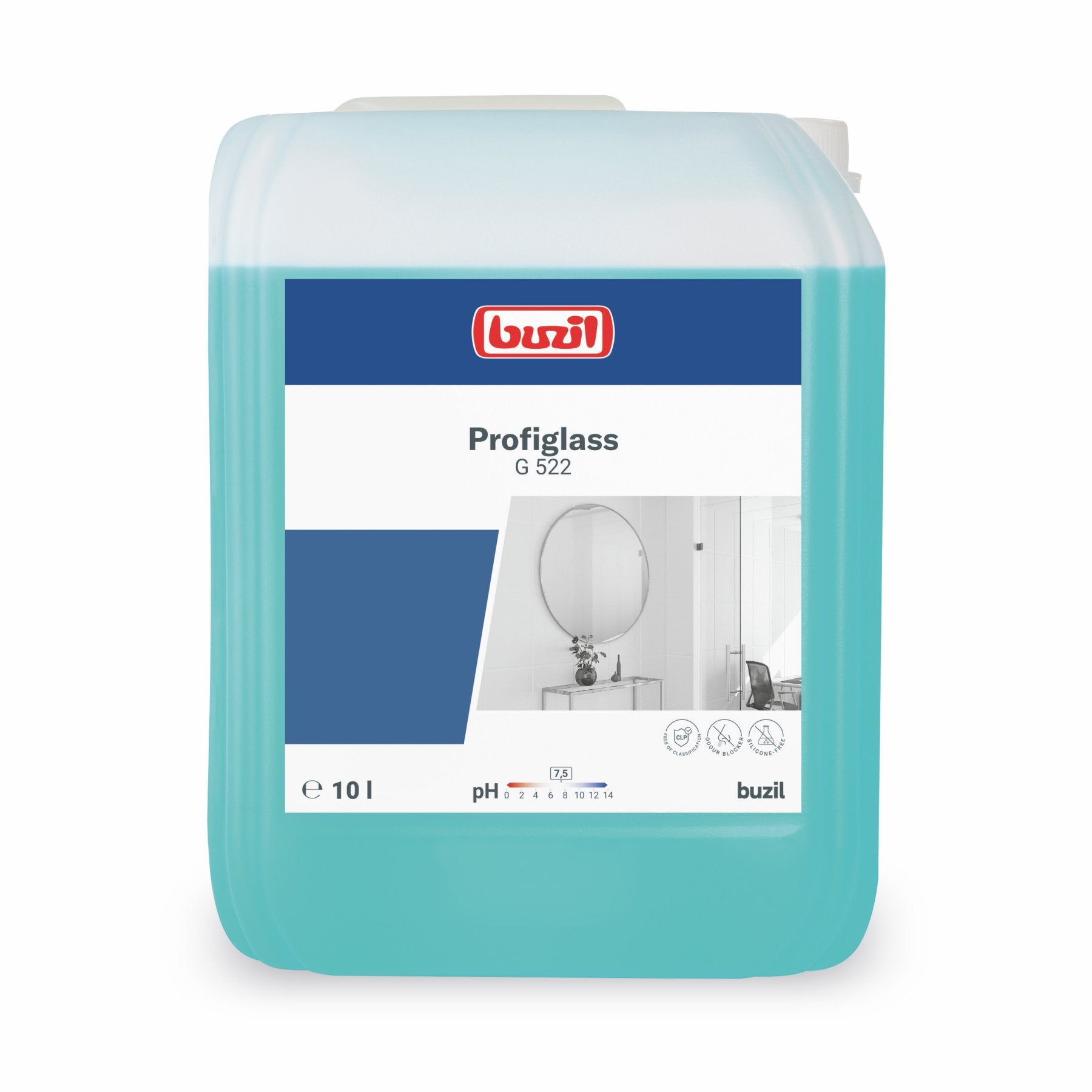 10L Kanister mit türkisfarbener Flüssigkeit und dem Produktnamen "Profiglass".