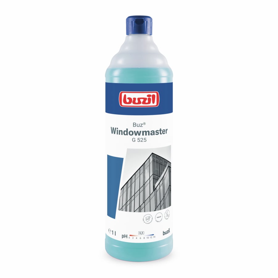 1-Liter-Flasche Buz Windowmaster zur streifenfreien Reinigung von Fenstern und Glasoberflächen.