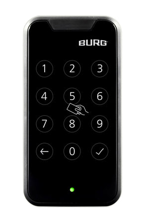 Elektronisches Möbelschloss mit PIN-Code und RFID-Zugangskontrolle in modernem Design.