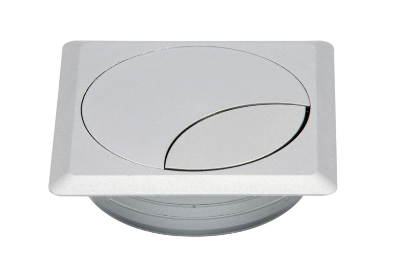 Quadratisches Schreibtischzubehör aus Aluminium mit mehreren Fächern und klarer Linienführung.