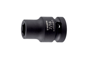 Black 1/2 inch short socket with a 6-point design for use with 7/16 inch fasteners.