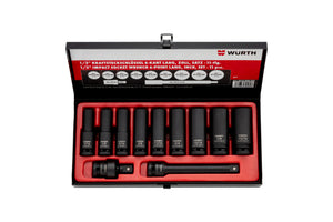 Set of 11 kitchen tools including measuring spoons and spatulas in various colors.