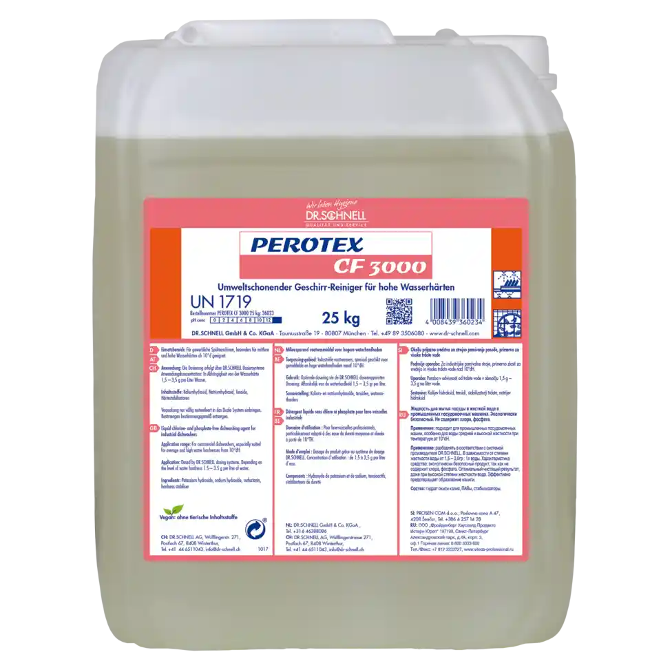 25kg Kanister mit Perotex CF 3000 Konzentrat für industrielle Reinigungsanwendungen.