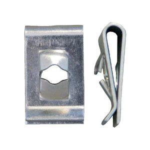 Blechmutter MU BL (A3A) aus verzinktem Stahl, robust und für verschiedene Schraubendurchmesser geeignet.