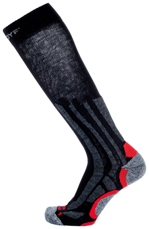 Schwarze und rote Arbeitssocken mit verstärkter Ferse und Spitze für kalte Bedingungen.