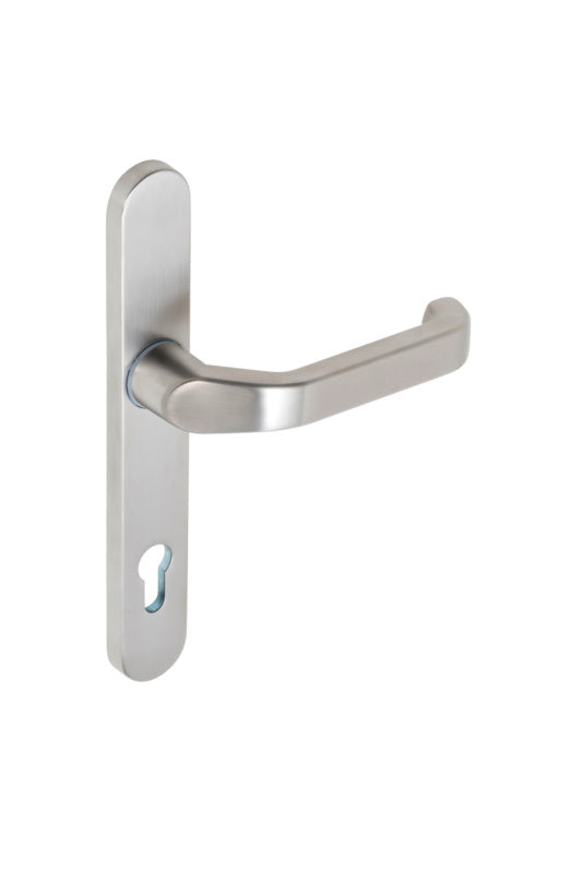 Türdrücker aus Edelstahl für Rohrrahmentür mit ergonomischem Design und korrosionsbeständiger Oberfläche.