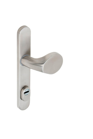 Edelstahl-Türdrücker für Rohrrahmentüren mit ergonomischem Griff und glatter Oberfläche.