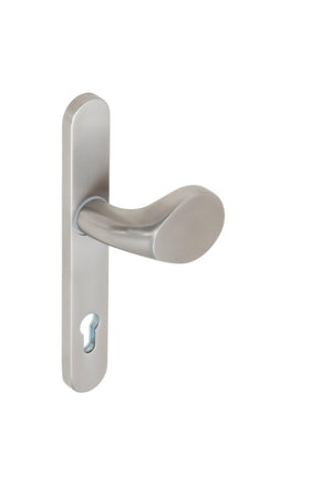 Edelstahl-Türdrücker mit mattem Finish, ergonomischer Form und 92 mm Lochabstand.