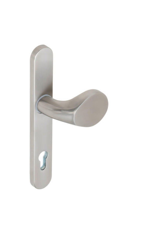 Edelstahl-Türdrücker mit mattem Finish, ergonomischer Form und 92 mm Lochabstand.