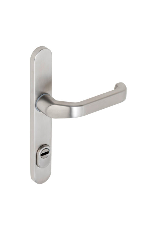 Edelstahl-Türdrücker für Rohrrahmentüren mit ergonomischem Design und moderner Ästhetik.