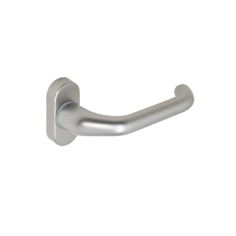 Ovaler Türdrücker aus Aluminium für Rohrrahmentüren mit ergonomischem Design und robuster Bauweise.