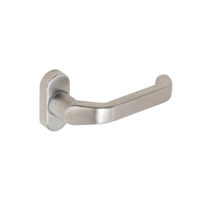 Mattierter Edelstahl-Türdrücker oval für Rohrrahmentüren, links und rechts montierbar.