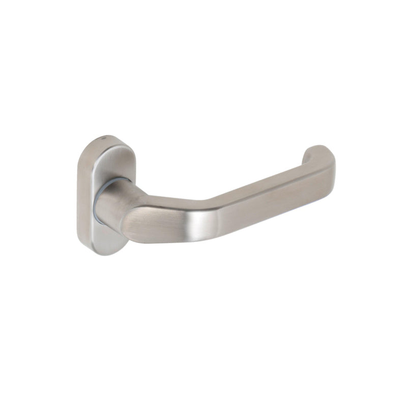 Mattierter Edelstahl-Türdrücker oval für Rohrrahmentüren, links und rechts montierbar.