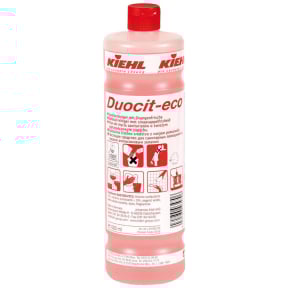Die Duocit-eco 1L Flasche zeigt ein umweltfreundliches Reinigungsmittel für alle Oberflächen.