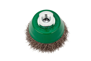 Topfbürste mit gewellten Drahtborsten, 65 mm Durchmesser, M14-Gewinde für Winkelschleifer.