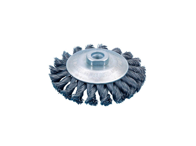 Kegelbürste mit konischer Form und Metallborsten für Winkelschleifer zum Schleifen und Reinigen.