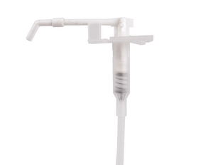 White plastic pump with angled spout and clear dispensing tube.