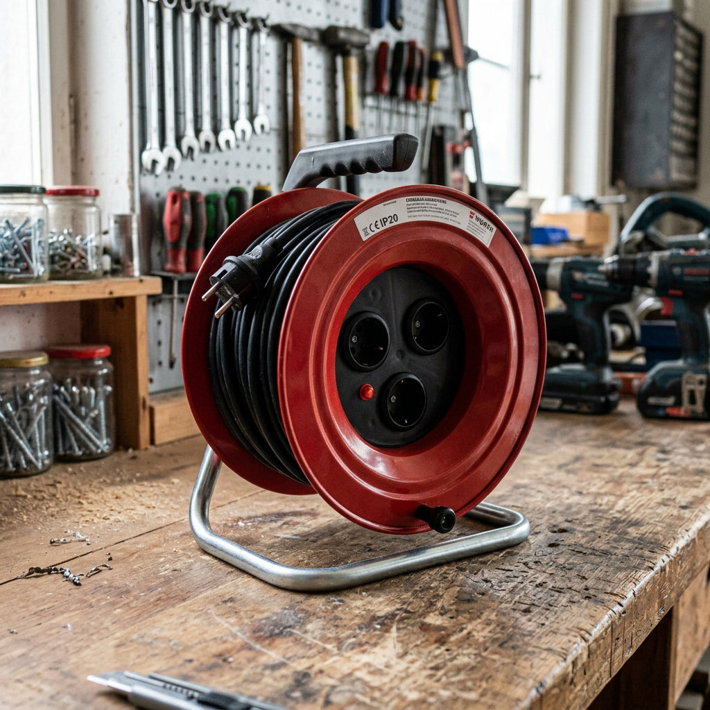 M24–Würth Kabeltrommel aus Stahlblech mit ergonomischem Griff und integriertem Überlastschutz für sichere Stromversorgung