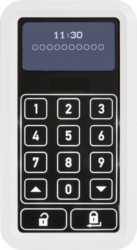 Weißer Türschlossantrieb mit moderner Technik und flexibler Montage für verschiedene Türtypen.