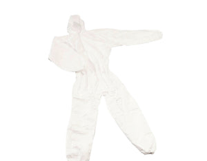 Weißer Einweg-Schutzanzug aus Tyvek mit Kapuze, elastischen Bündchen und verstärkten Nähten, 5 Stück.