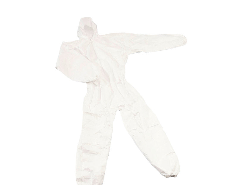 Weißer Einweg-Schutzanzug aus Tyvek mit Kapuze, elastischen Bündchen und verstärkten Nähten, 5 Stück.