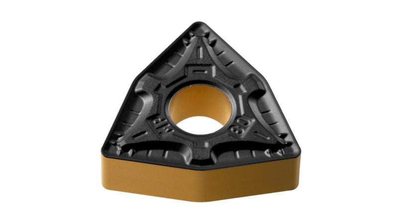 Die WN Wendeschneidplatte WNMG060408 aus Hartmetall zeigt eine scharfe Schneidkante und robuste Form.