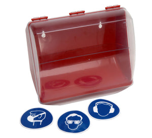 Leere Aufbewahrungsbox für persönliche Schutzausrüstung mit transparentem Klappdeckel und Fächern.