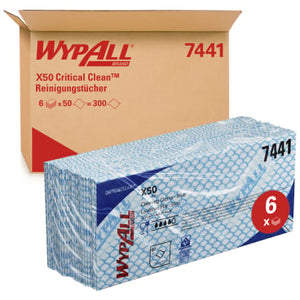 Blau geprägte Wypall X50 Reinigungstücher 418x221mm, 6 Rollen mit je 50 Tüchern