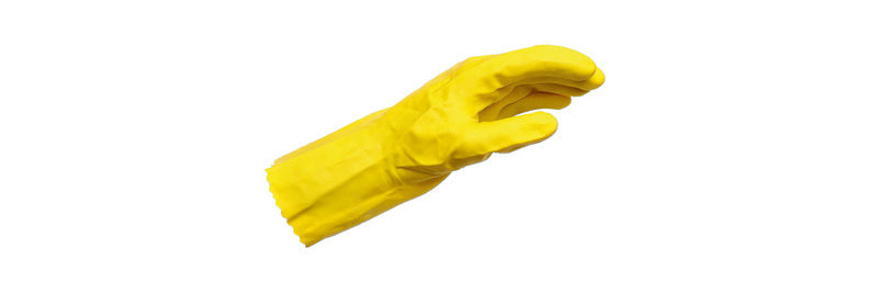 Gelbe Latex-Schutzhandschuhe, chemikalienbeständig, anatomisch geformt, in einer Packung mit 12 Stück.