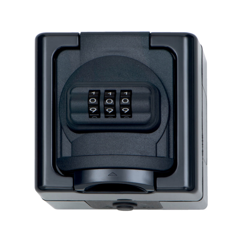 Anthrazitfarbenes Zahlenschloss STEDO-AP mit 16A, 250V, digitaler Codeeingabe und robuster Bauweise.