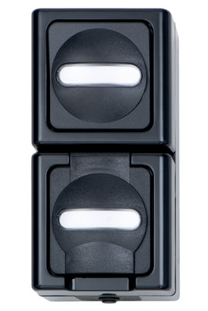 Senkrechter anthrazitfarbener Schaltkasten mit durchdachter Innenaufteilung und robustem Material.