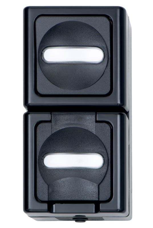 Senkrechter anthrazitfarbener Schaltkasten mit durchdachter Innenaufteilung und robustem Material.