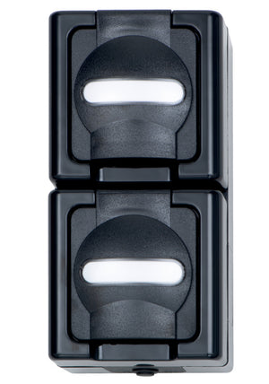 Anthrazitfarbener senkrechter Anschluss mit 16A Nennstrom und 250V Spannung, robustes Design.