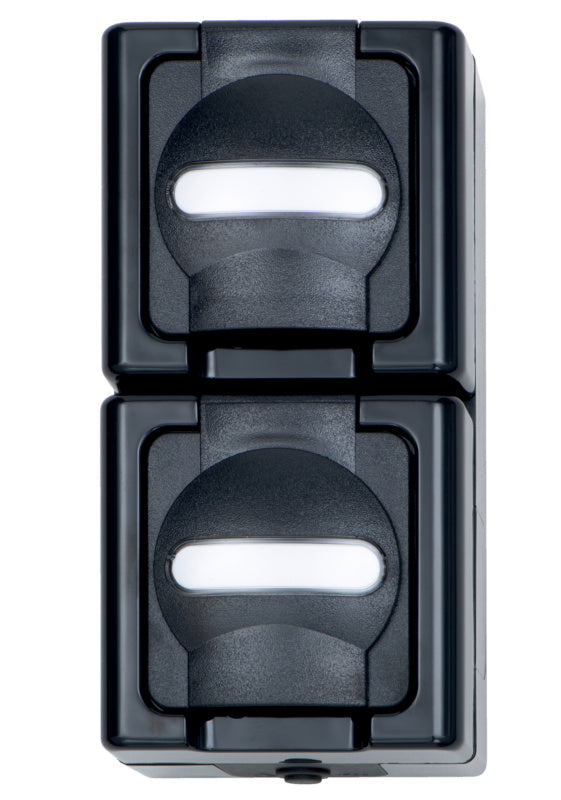 Anthrazitfarbener senkrechter Anschluss mit 16A Nennstrom und 250V Spannung, robustes Design.