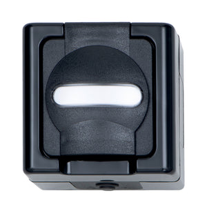 Anthrazitfarbener Aufputzschalter mit 16A und 250V, geeignet für verschiedene Anwendungen.