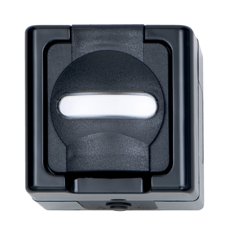 Anthrazitfarbener Aufputzschalter mit 16A und 250V, geeignet für verschiedene Anwendungen.