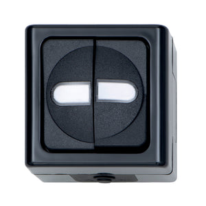 Zwei anthrazitfarbene Schaltgeräte der AP-Serie mit 10A, 250V, für Wandmontage.