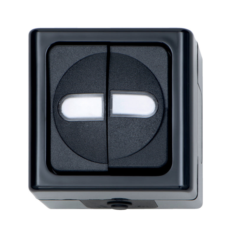 Zwei anthrazitfarbene Schaltgeräte der AP-Serie mit 10A, 250V, für Wandmontage.