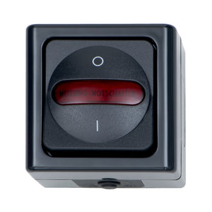 Anthrazitfarbener Not-Aus-Schalter mit zwei Anschlüssen für Heizungsanlagen.