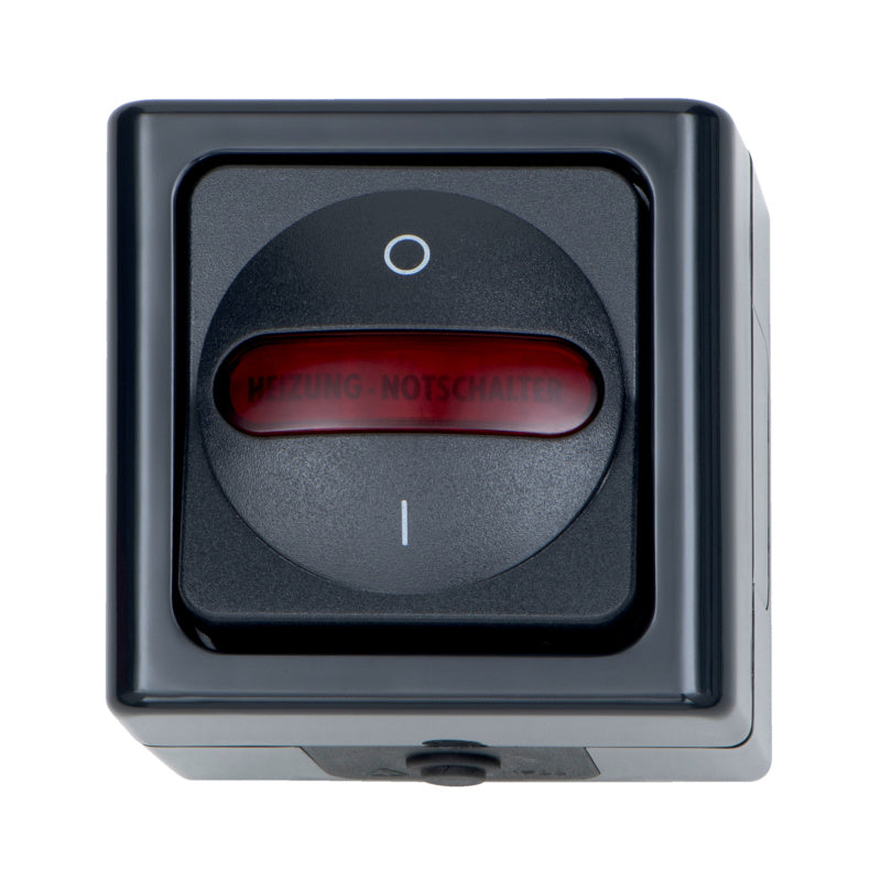 Anthrazitfarbener Not-Aus-Schalter mit zwei Anschlüssen für Heizungsanlagen.