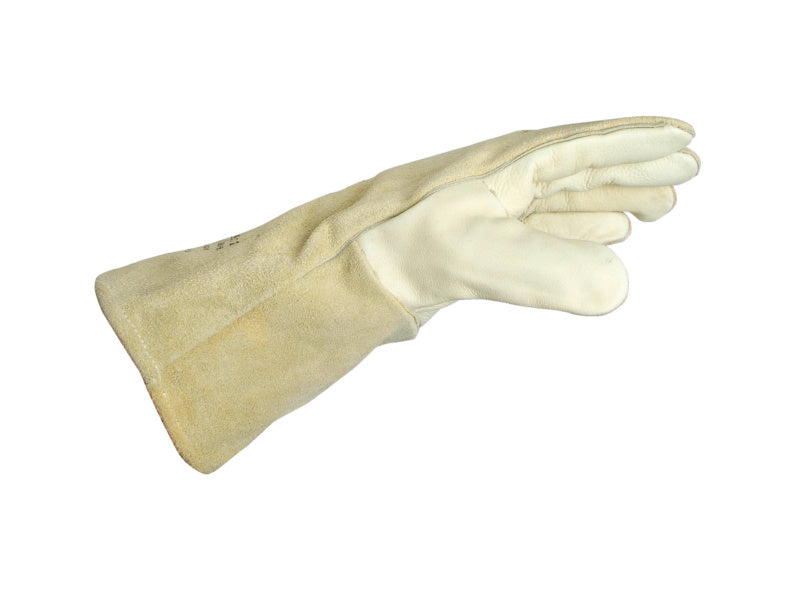 Schweißerhandschuhe aus braunem Rindsleder, Größe 10, robust und hitzebeständig.