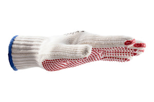 Gestrickter weißer Schutzhandschuh mit Benoppung und elastischem Bündchen, 6er Packung.