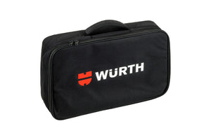 Schwarze Tasche mit verstärktem Boden, Innenfächern und gepolstertem Tragegriff.